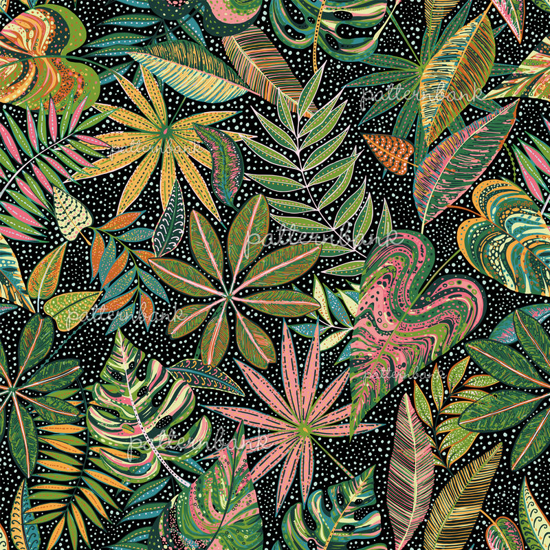 Tropical Leaves and Dots - Greens With Black Base by Sarah Lown ...